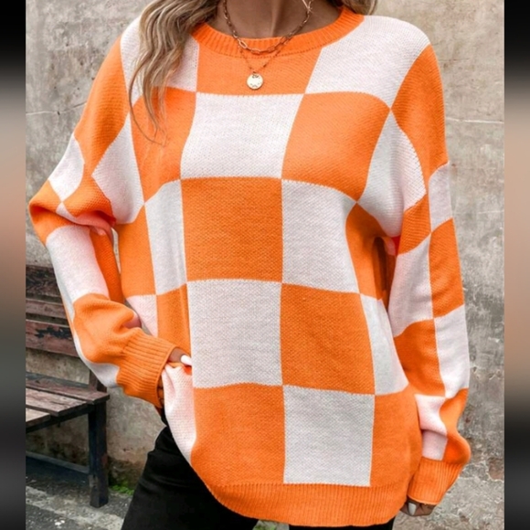 Women's Orange Checkered Warm Sweater For Christmas, Winter,Three Quarter - Picture 4 of 6